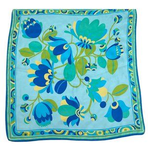 100% Silk Light Blue Green and Yellow Flower Square Scarf